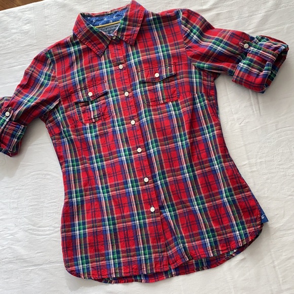 Tommy Hilfiger plaid Cotton button down blouse. Red/Blue/Green plaid. Size Small - Picture 5 of 8